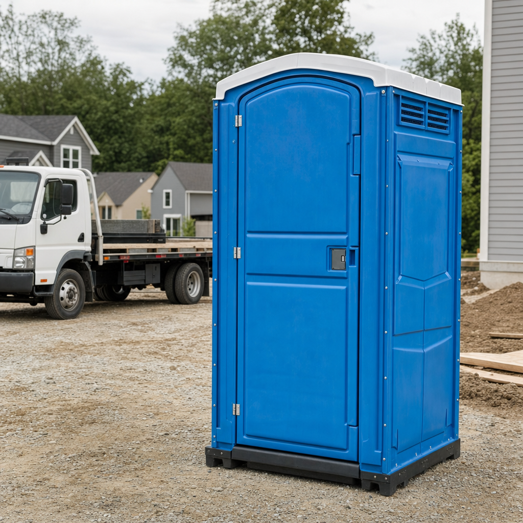 Delivery driver positioning a clean royal-blue portable toilet on level ground at a Oklahoma City worksite