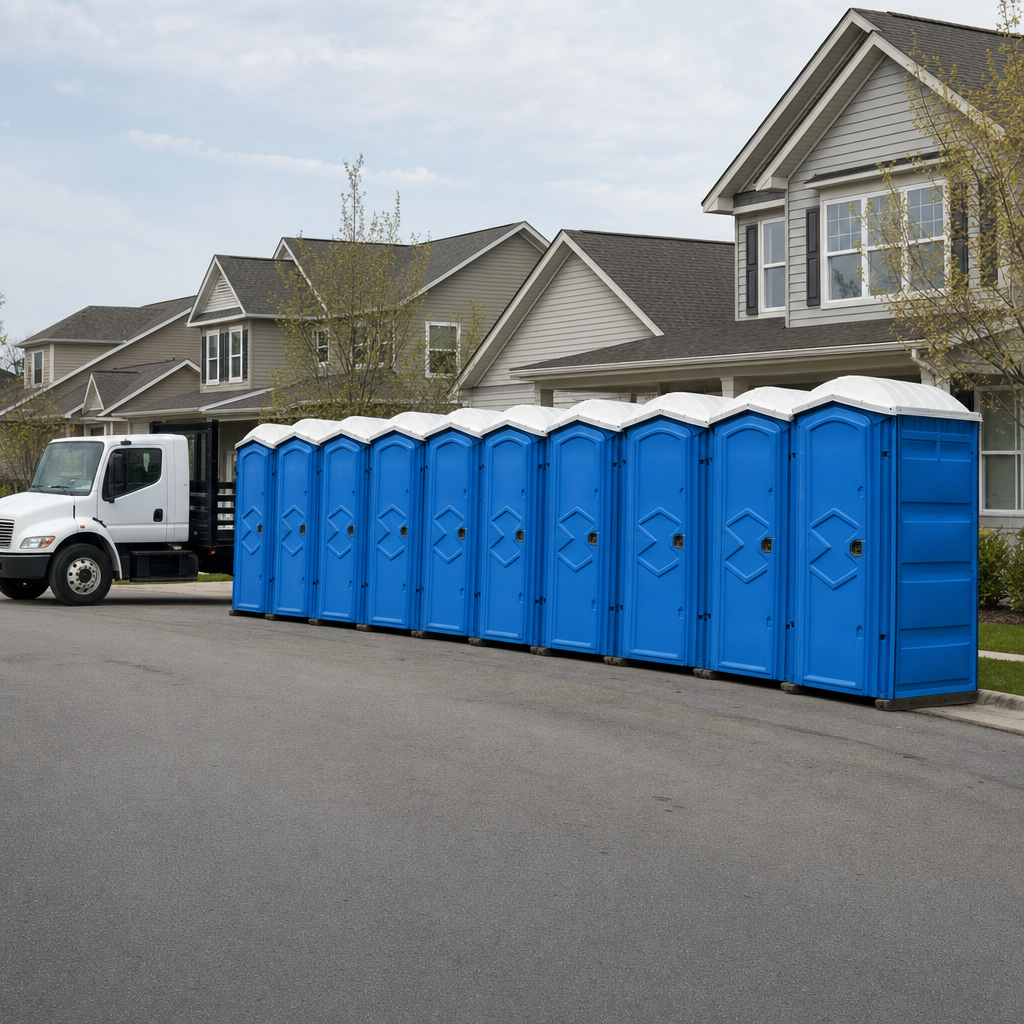 Royal blue portable toilets staged in a tidy row at a Oklahoma City jobsite, ready for delivery